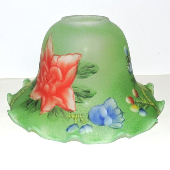 Green Frosted Glass Lampshade With Floral Print Ruffled Edges Home Decor - Picture 2 of 6